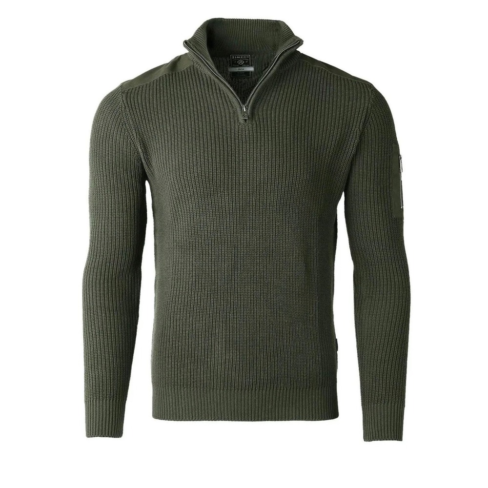 Zimego Mens Olive Green Tactical Ribbed Quarter Zip Cotton Sweater Medium